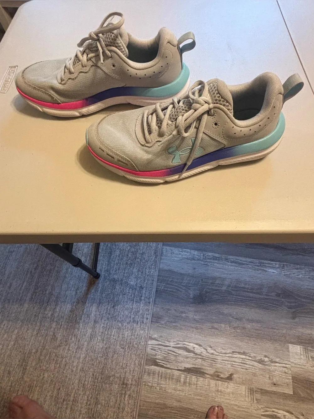 Under Armour Girls Cream Sneakers with Pink and Light Blue Accents